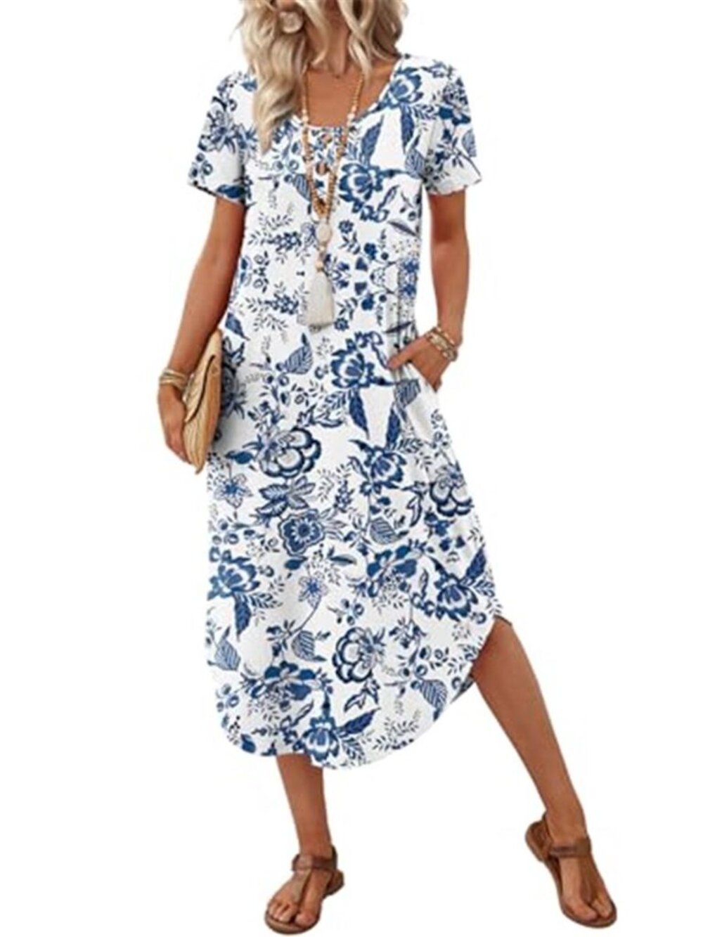 OFEEFAN Blue Floral Midi Dress Casual Vacation T-Shirt Dress with Pockets